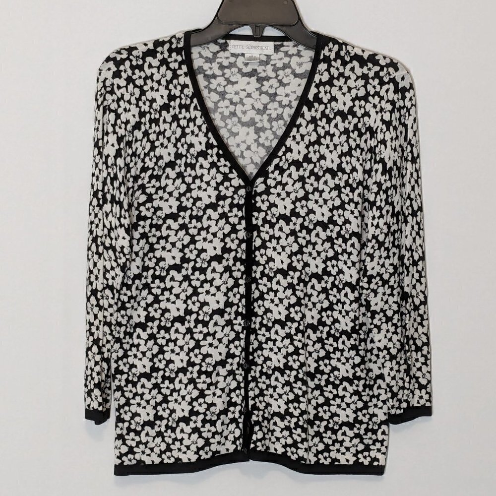 Women's "Petite Sophisticate" Black & White Floral Button Blouse Top; Size L